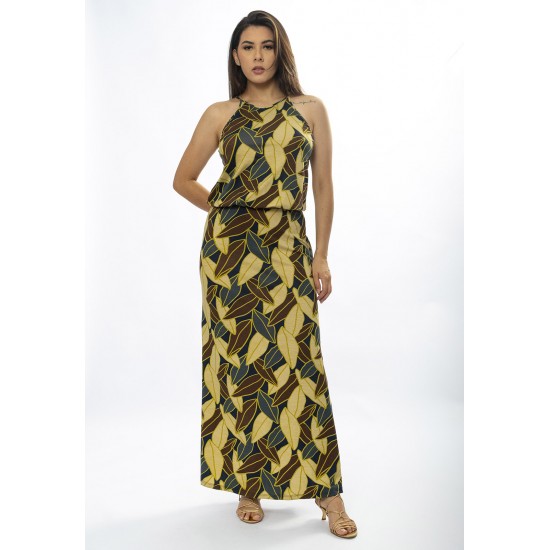 Vestido Longo Malha Trapézio com Elástico na Cintura Folhas de Outono