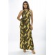 Vestido Longo Malha Trapézio com Elástico na Cintura Folhas de Outono
