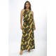 Vestido Longo Malha Trapézio com Elástico na Cintura Folhas de Outono