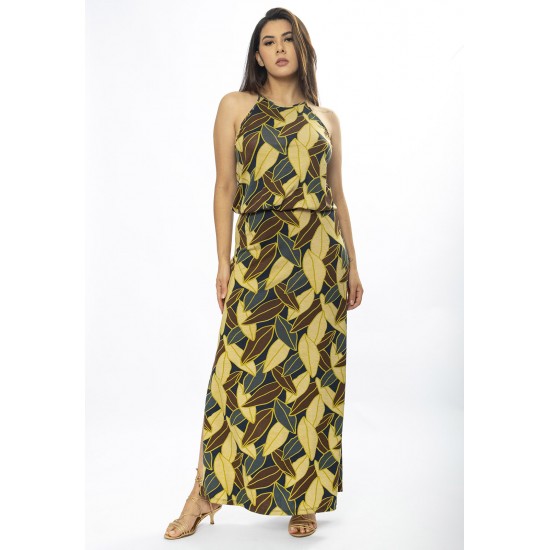 Vestido Longo Malha Trapézio com Elástico na Cintura Folhas de Outono