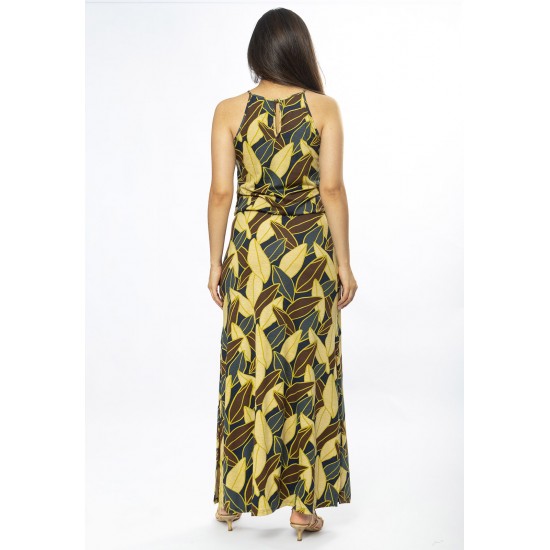 Vestido Longo Malha Trapézio com Elástico na Cintura Folhas de Outono