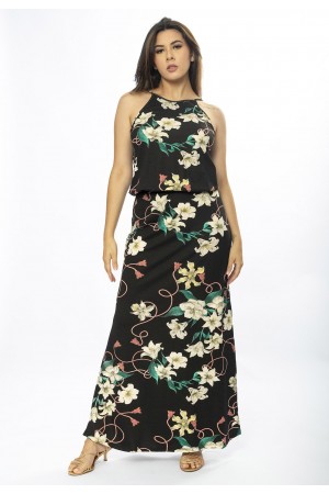 Vestido Longo Malha Trapézio com Elástico na Cintura Flores Ébano