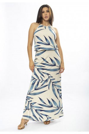 Vestido Longo Malha Trapézio com Elástico na Cintura Bambu Azul