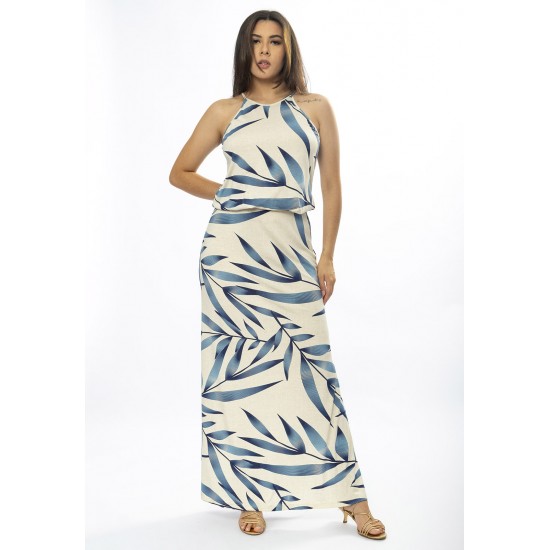 Vestido Longo Malha Trapézio com Elástico na Cintura Bambu Azul