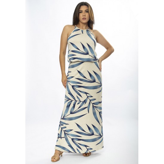 Vestido Longo Malha Trapézio com Elástico na Cintura Bambu Azul