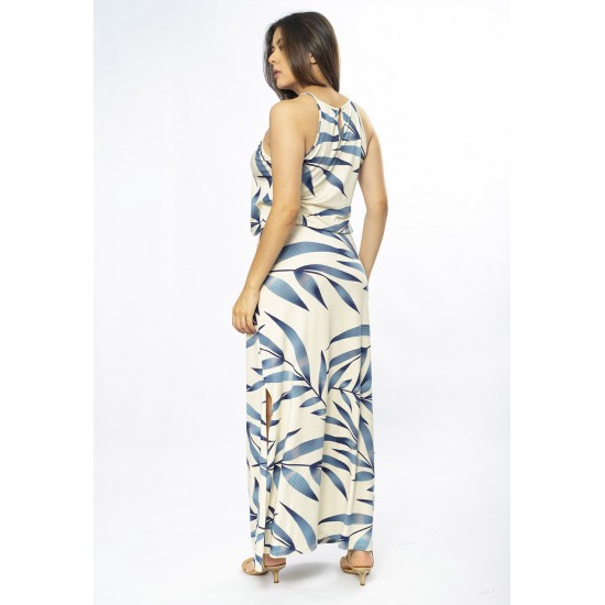 Vestido Longo Malha Trapézio com Elástico na Cintura Bambu Azul