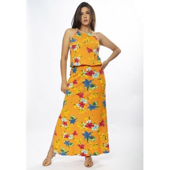 Vestido Longo Malha Trapézio com Elástico na Cintura Laranja Floral