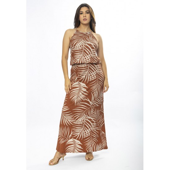 Vestido Longo Malha Trapézio com Elástico na Cintura Palmas da Terra
