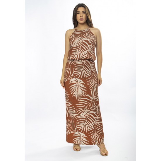 Vestido Longo Malha Trapézio com Elástico na Cintura Palmas da Terra