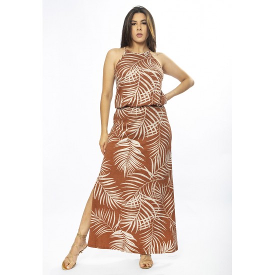 Vestido Longo Malha Trapézio com Elástico na Cintura Palmas da Terra