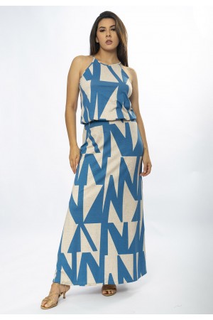 Vestido Longo Malha Trapézio com Elástico na Cintura Geometric Blue