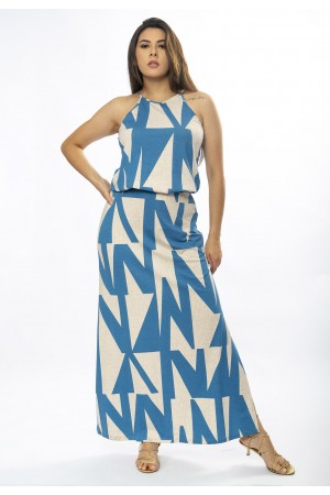 Vestido Longo Malha Trapézio com Elástico na Cintura Geometric Blue