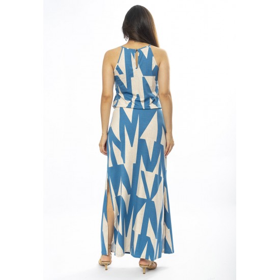 Vestido Longo Malha Trapézio com Elástico na Cintura Geometric Blue