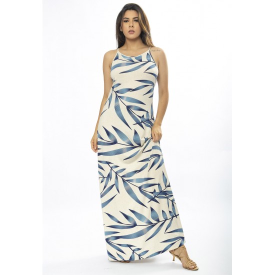 Vestido Longo Malha Trapézio Bambu Azul