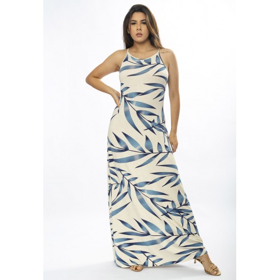 Vestido Longo Malha Trapézio Bambu Azul