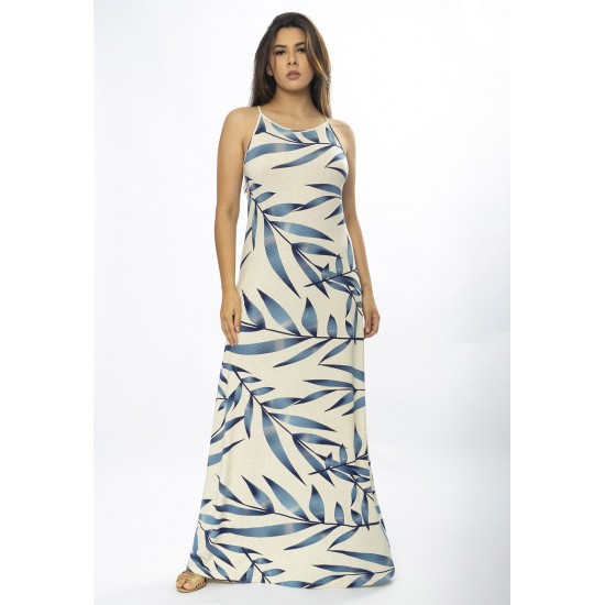 Vestido Longo Malha Trapézio Bambu Azul