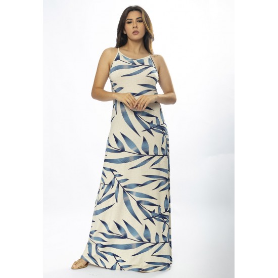 Vestido Longo Malha Trapézio Bambu Azul