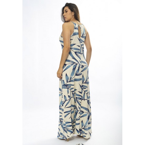 Vestido Longo Malha Trapézio Bambu Azul
