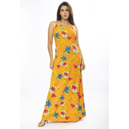 Vestido Longo Malha Trapézio Laranja Floral