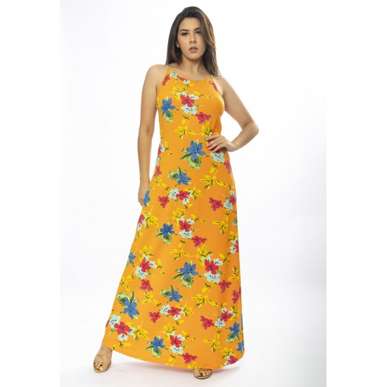 Vestido Longo Malha Trapézio Laranja Floral