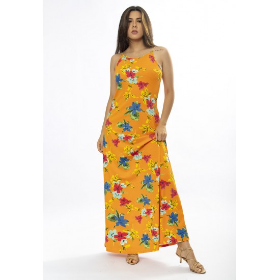 Vestido Longo Malha Trapézio Laranja Floral