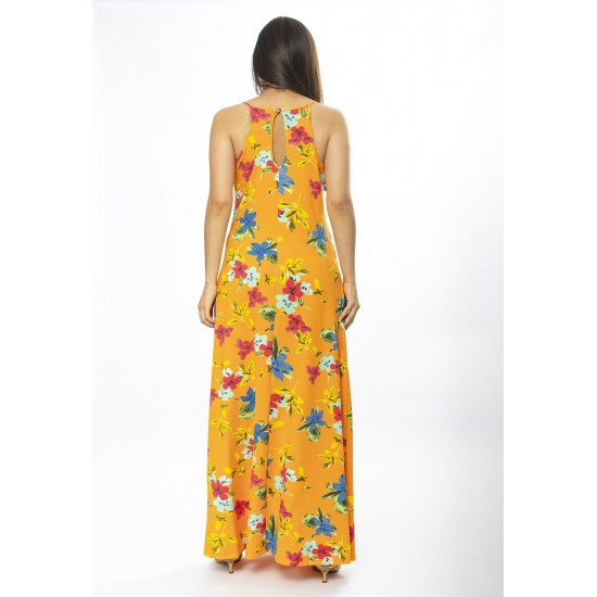 Vestido Longo Malha Trapézio Laranja Floral