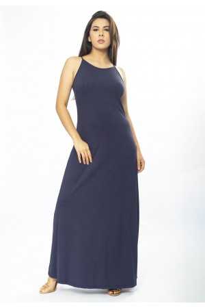 Vestido Longo Malha Trapézio Azul Marinho