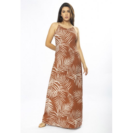 Vestido Longo Malha Trapézio Palmas da Terra