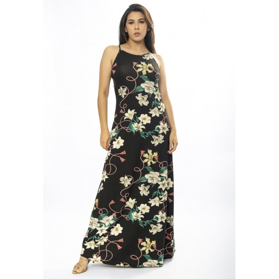 Vestido Longo Malha Trapézio Flores Ébano