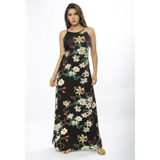 Vestido Longo Malha Trapézio Flores Ébano
