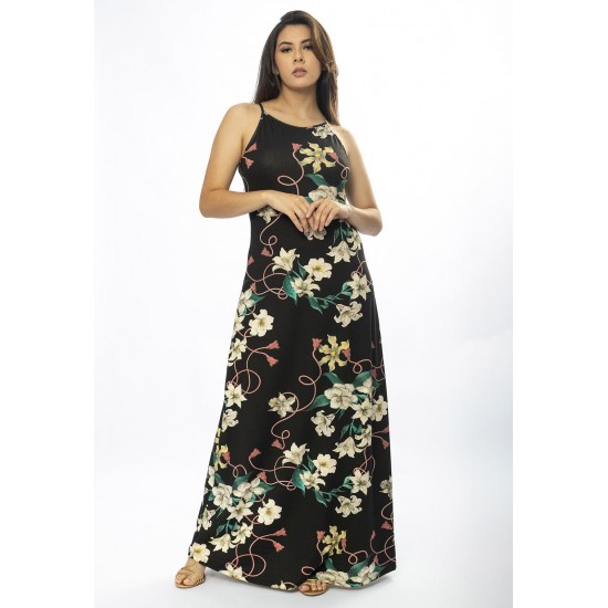 Vestido Longo Malha Trapézio Flores Ébano