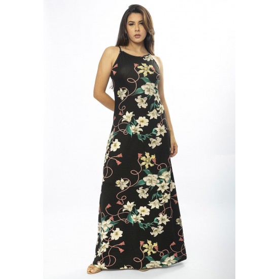 Vestido Longo Malha Trapézio Flores Ébano