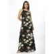 Vestido Longo Malha Trapézio Flores Ébano