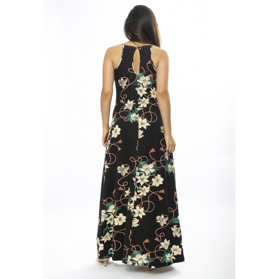 Vestido Longo Malha Trapézio Flores Ébano