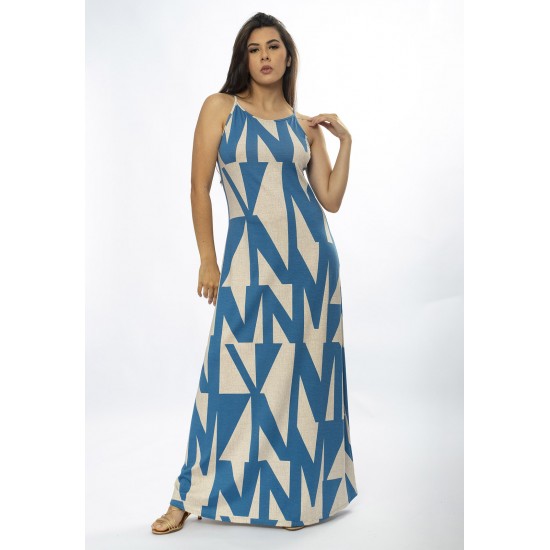Vestido Longo Malha Trapézio Geometric Blue