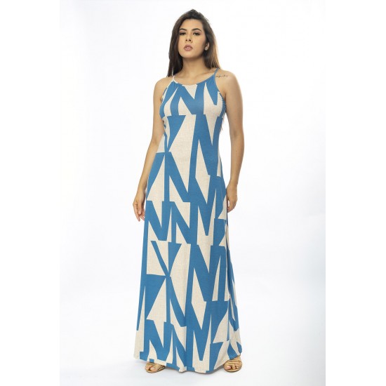 Vestido Longo Malha Trapézio Geometric Blue