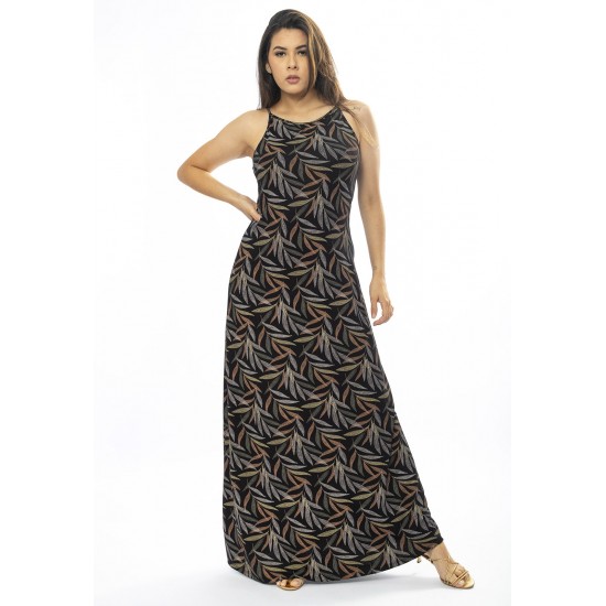 Vestido Longo Malha Trapézio Folhagem