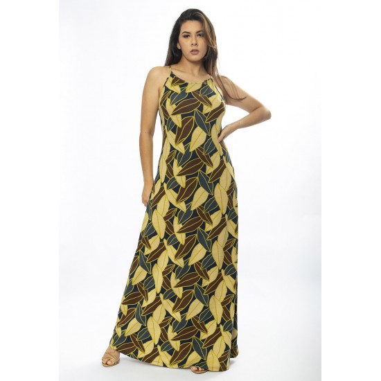 Vestido Longo Malha Trapézio Folhas de Outono