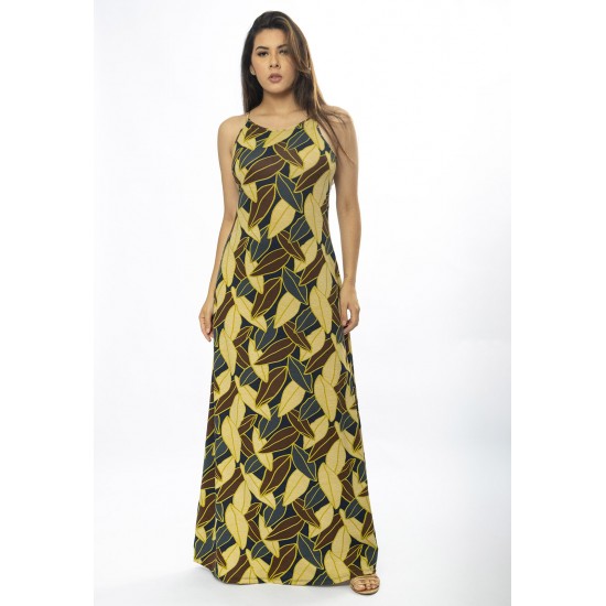 Vestido Longo Malha Trapézio Folhas de Outono