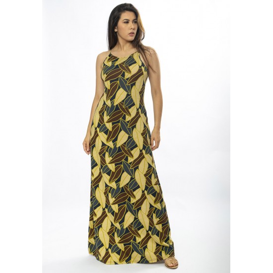 Vestido Longo Malha Trapézio Folhas de Outono
