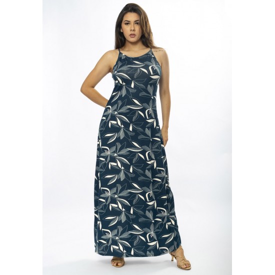 Vestido Longo Malha Trapézio Hibisco Blue