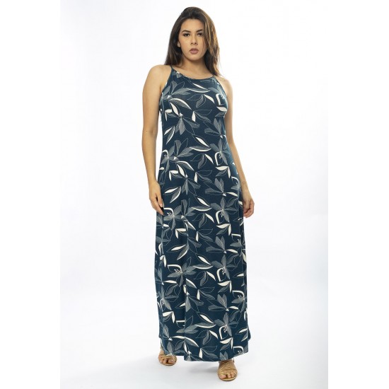 Vestido Longo Malha Trapézio Hibisco Blue