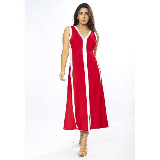 Vestido Midi Fenda Frontal Color Block Vermelho