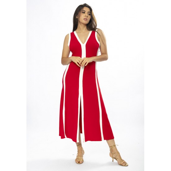 Vestido Midi Fenda Frontal Color Block Vermelho