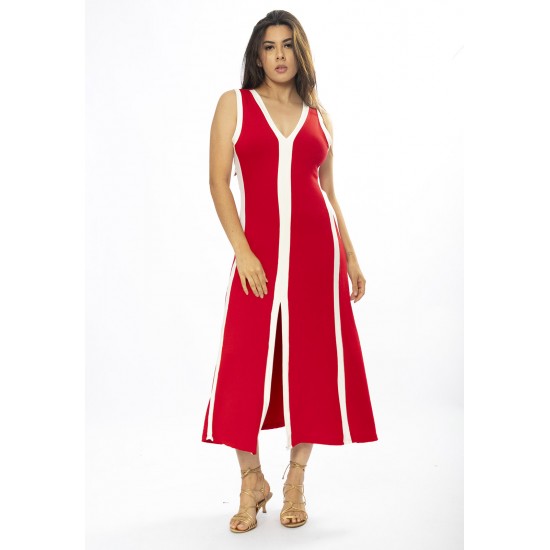 Vestido Midi Fenda Frontal Color Block Vermelho