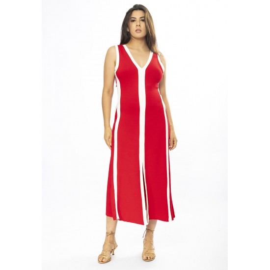 Vestido Midi Fenda Frontal Color Block Vermelho