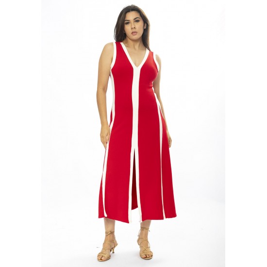 Vestido Midi Fenda Frontal Color Block Vermelho