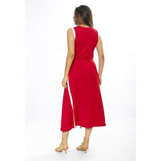 Vestido Midi Fenda Frontal Color Block Vermelho