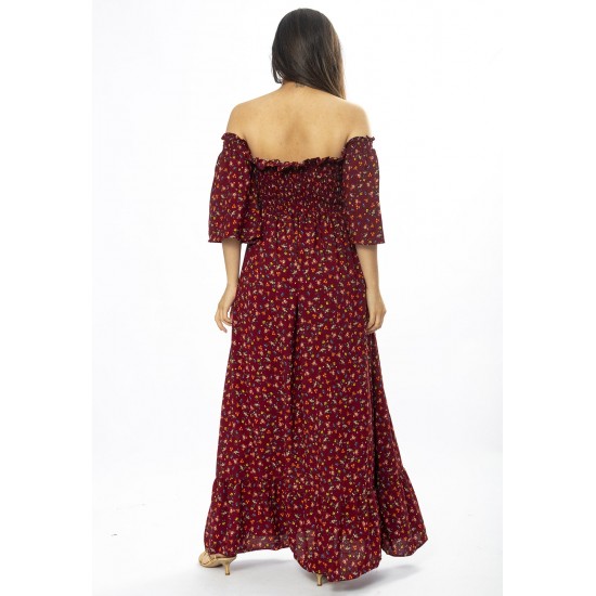 Vestido Longo Ciganinha Estampado Bordô
