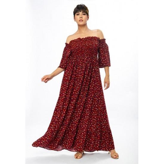 Vestido Longo Ciganinha Estampado Bordô